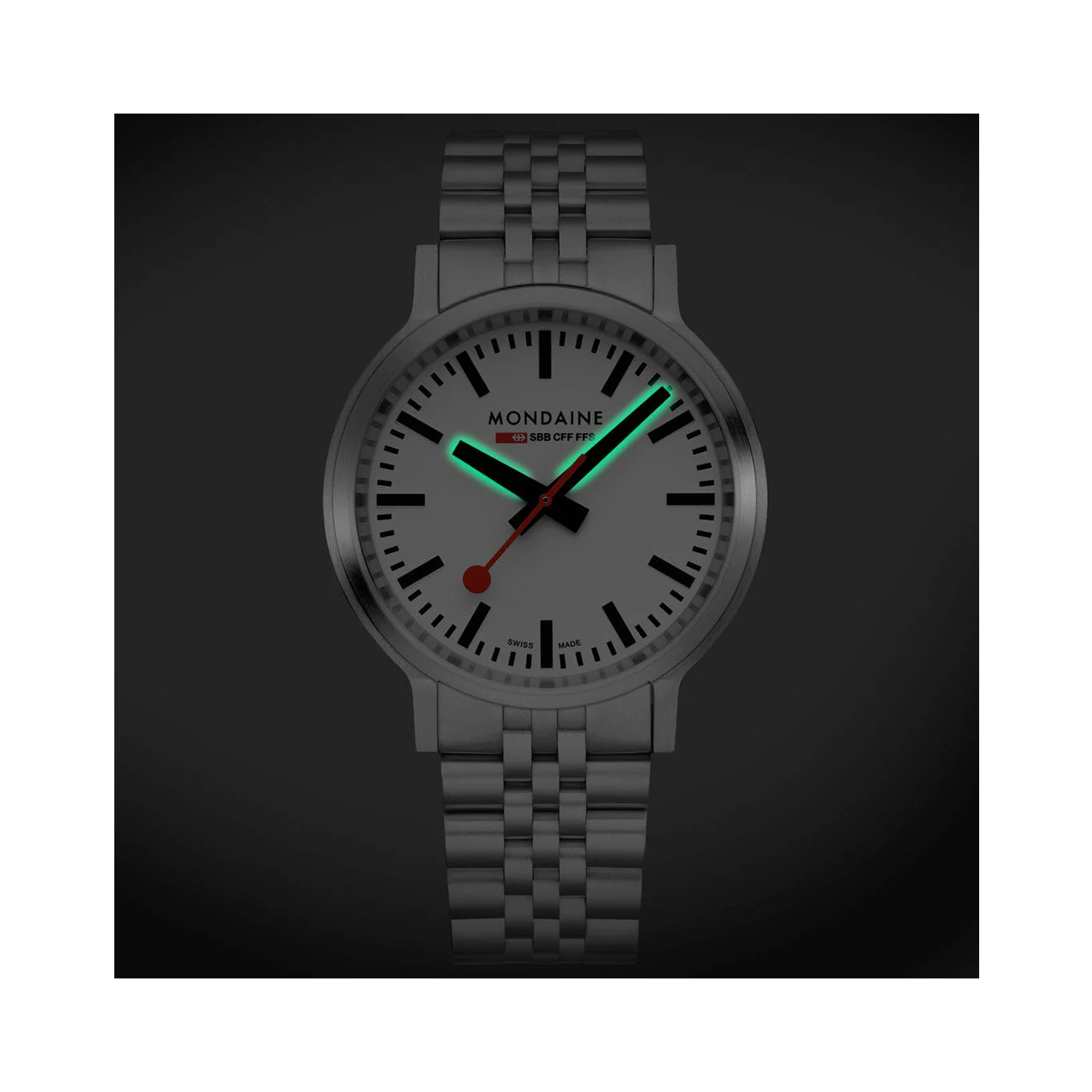 Mondaine, stop2go Stainless Steel, Quartz Men's Watch Mondaine, stop2go with a 41mm stainless steel case and bracelet strap featuring a white dial.