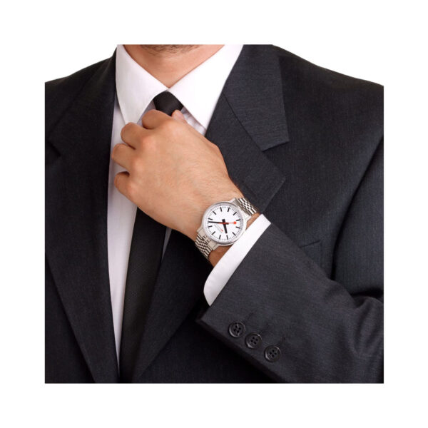 Mondaine, stop2go with a 41mm stainless steel case and bracelet strap featuring a white dial.