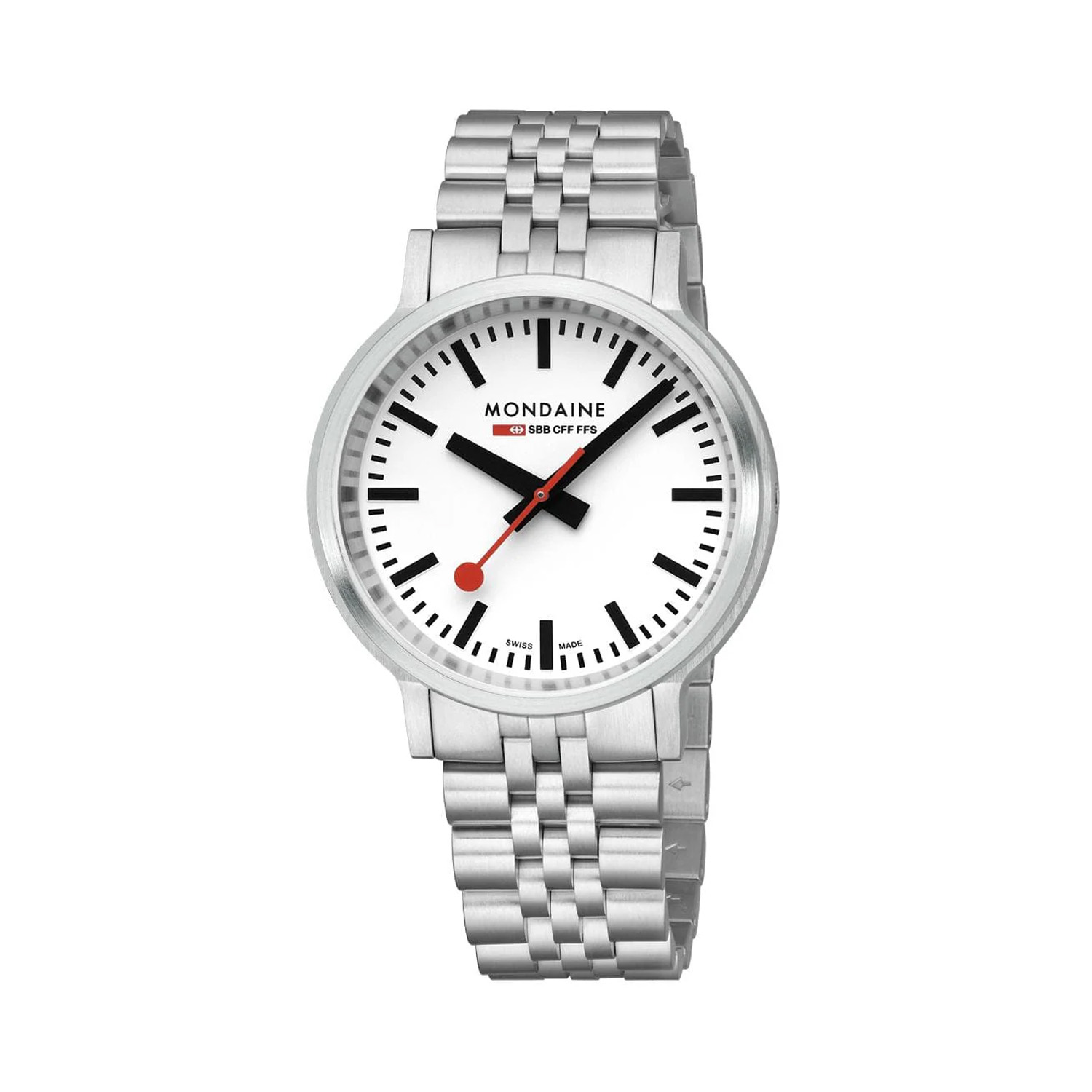 Mondaine, stop2go Stainless Steel, Quartz Men's Watch Mondaine, stop2go with a 41mm stainless steel case and bracelet strap featuring a white dial.