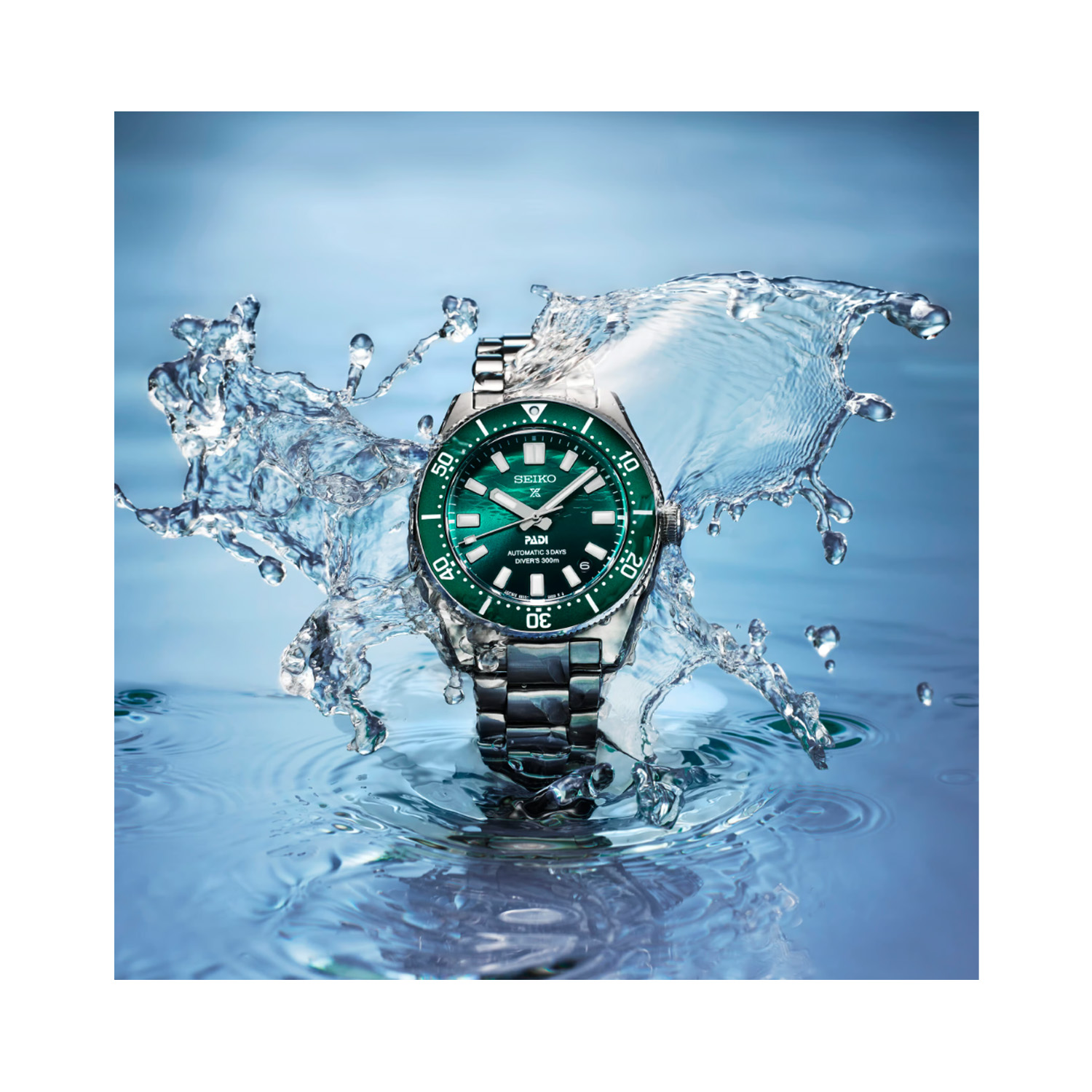Seiko, Prospex Green 1965 Heritage Diver’s PADI Special Edition with a 42mm stainless steel case and bracelet strap featuring a date function and a green dial and bezel.
