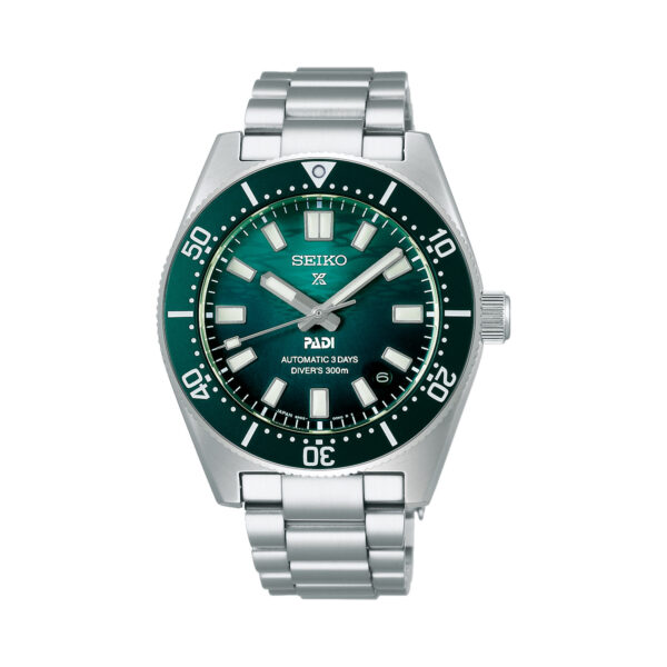 Seiko, Prospex Green 1965 Heritage Diver’s PADI Special Edition with a 42mm stainless steel case and bracelet strap featuring a date function and a green dial and bezel.