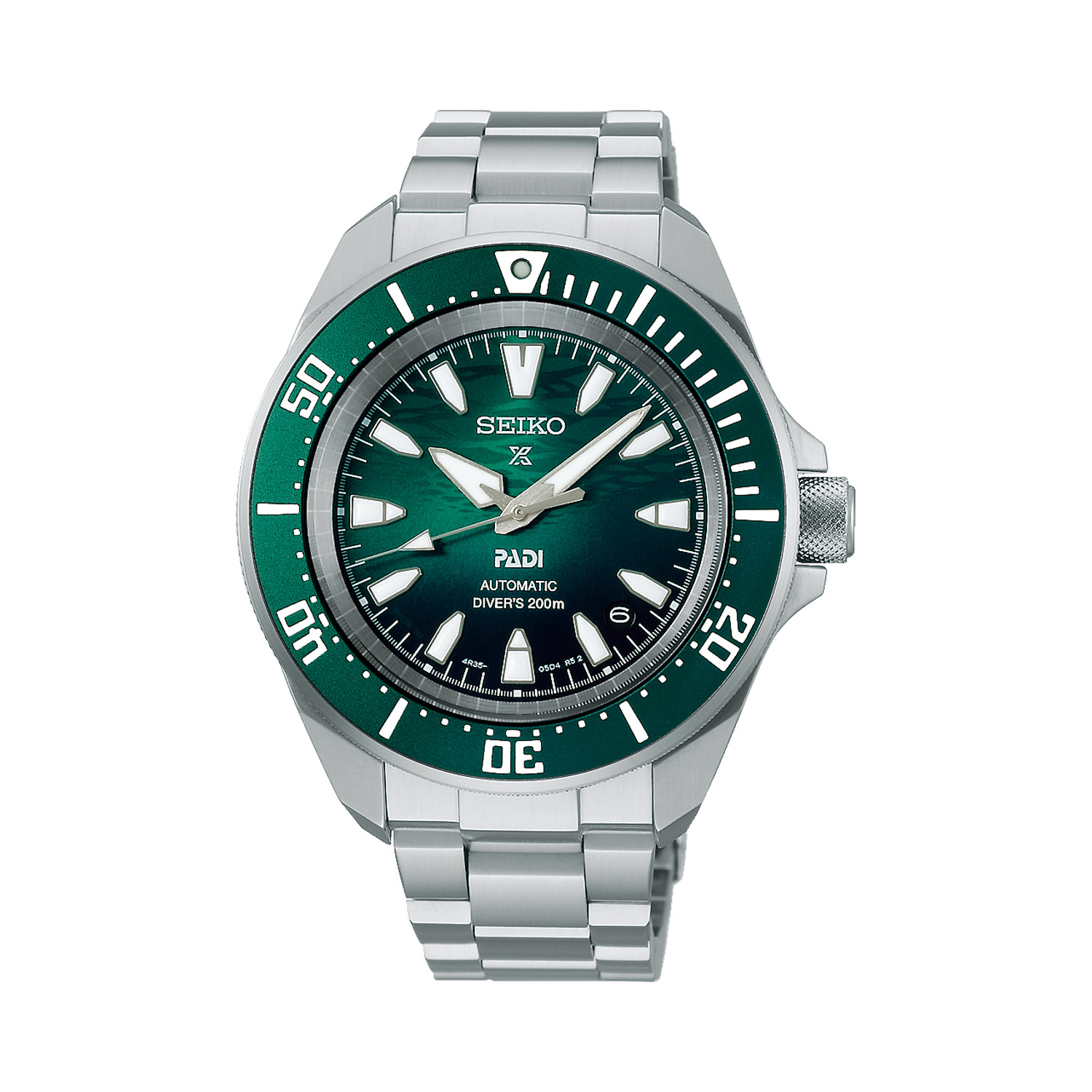 Seiko, Prospex PADI Green 60th Anniversary 4R with a 41.7mm stainless steel case and bracelet strap featuring a date function and a green dial and bezel.