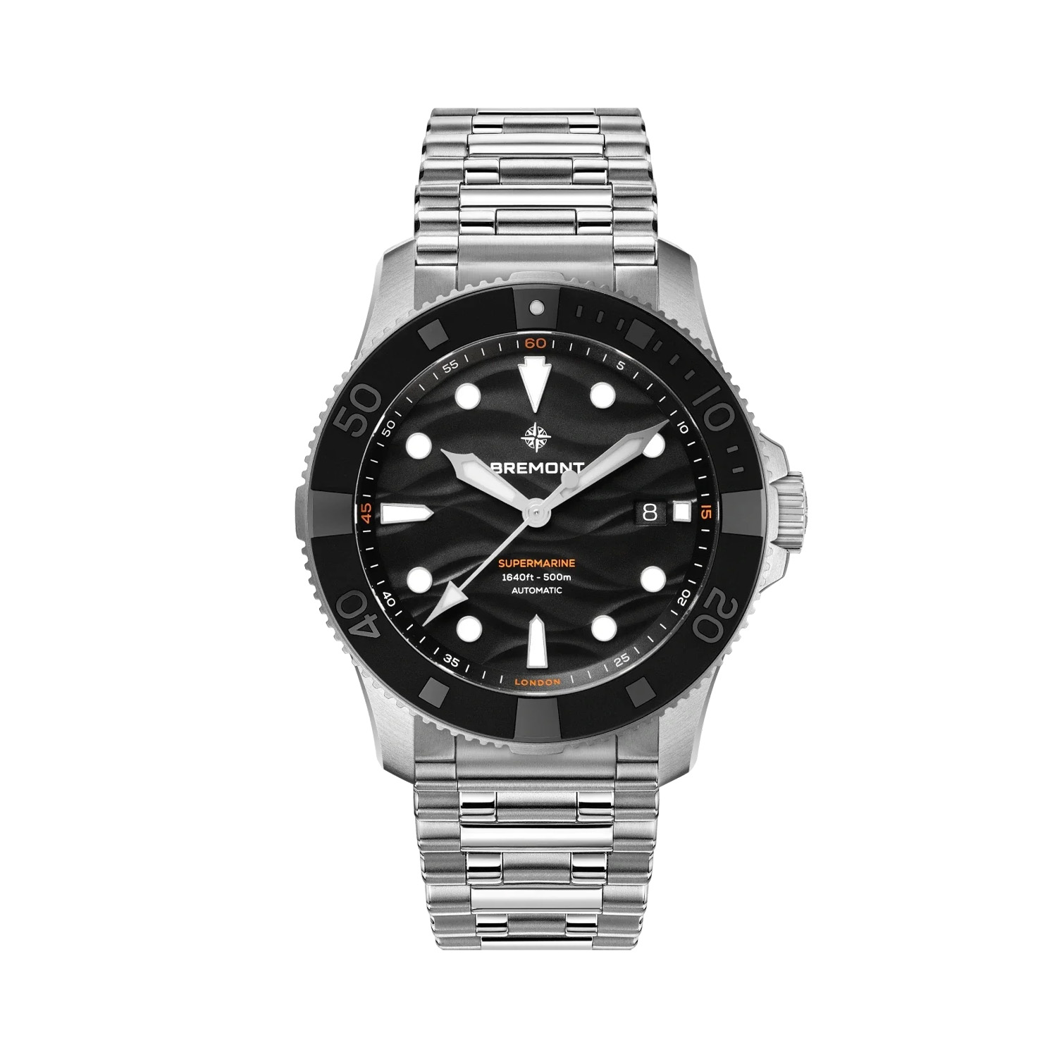 Bremont, Supermarine 500M Black, Automatic Men's Watch Bremont, Supermarine 500M Black with a 43mm stainless steel case and bracelet strap featuring a date function and a black wave patterned dial and a black bezel.