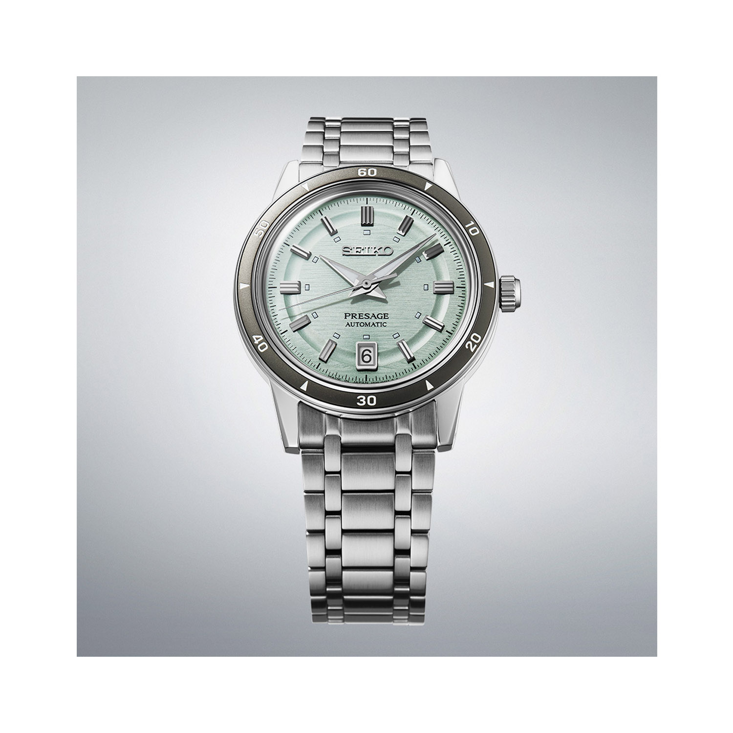 Seiko, Presage Style 60s in Ice Green, Automatic Men's Watch Seiko, Presage Style 60s in Ice Green with a 39.5mm stainless steel case and bracelet strap featuring a date function and a green dial.
