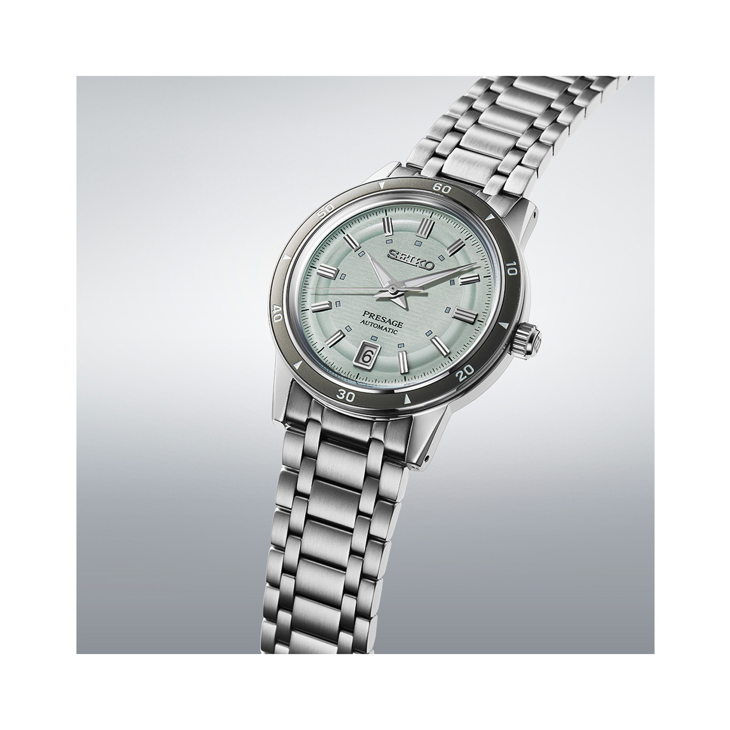 Seiko, Presage Style 60s in Ice Green, Automatic Men's Watch Seiko, Presage Style 60s in Ice Green with a 39.5mm stainless steel case and bracelet strap featuring a date function and a green dial.