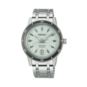 Seiko, Presage Style 60s in Ice Green with a 39.5mm stainless steel case and bracelet strap featuring a date function and a green dial.