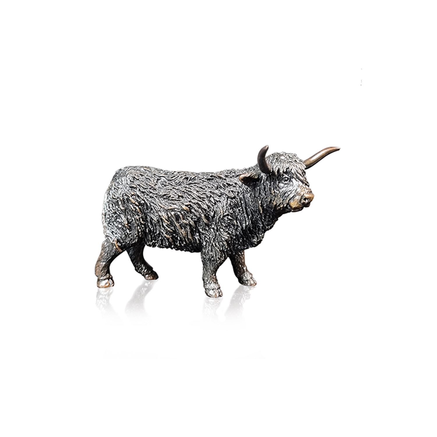 Miniature Highland Cow Figurine by Butler & Peach Made from solid foundry bronze, this piece depicts a standing Highland Cow.