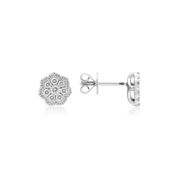 A pair of 18ct white gold diamond set fancy flower stud earrings, for pierced ears.