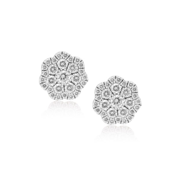 A pair of 18ct white gold diamond set fancy flower stud earrings, for pierced ears.