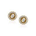 A pair of 18ct yellow gold round brilliant cut diamond cluster stud earrings, for pierced ears.