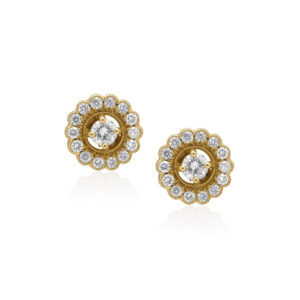 A pair of 18ct yellow gold round brilliant cut diamond cluster stud earrings, for pierced ears.