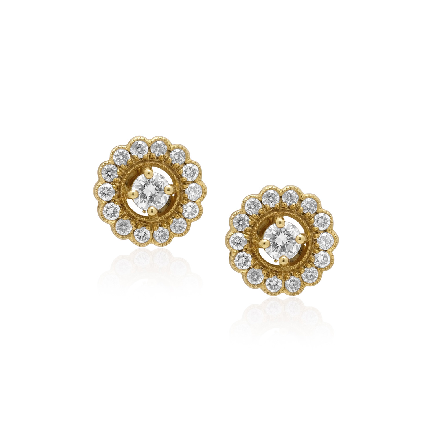 A pair of 18ct yellow gold round brilliant cut diamond cluster stud earrings, for pierced ears.