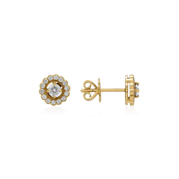 A pair of 18ct yellow gold round brilliant cut diamond set stud earrings, for pierced ears.