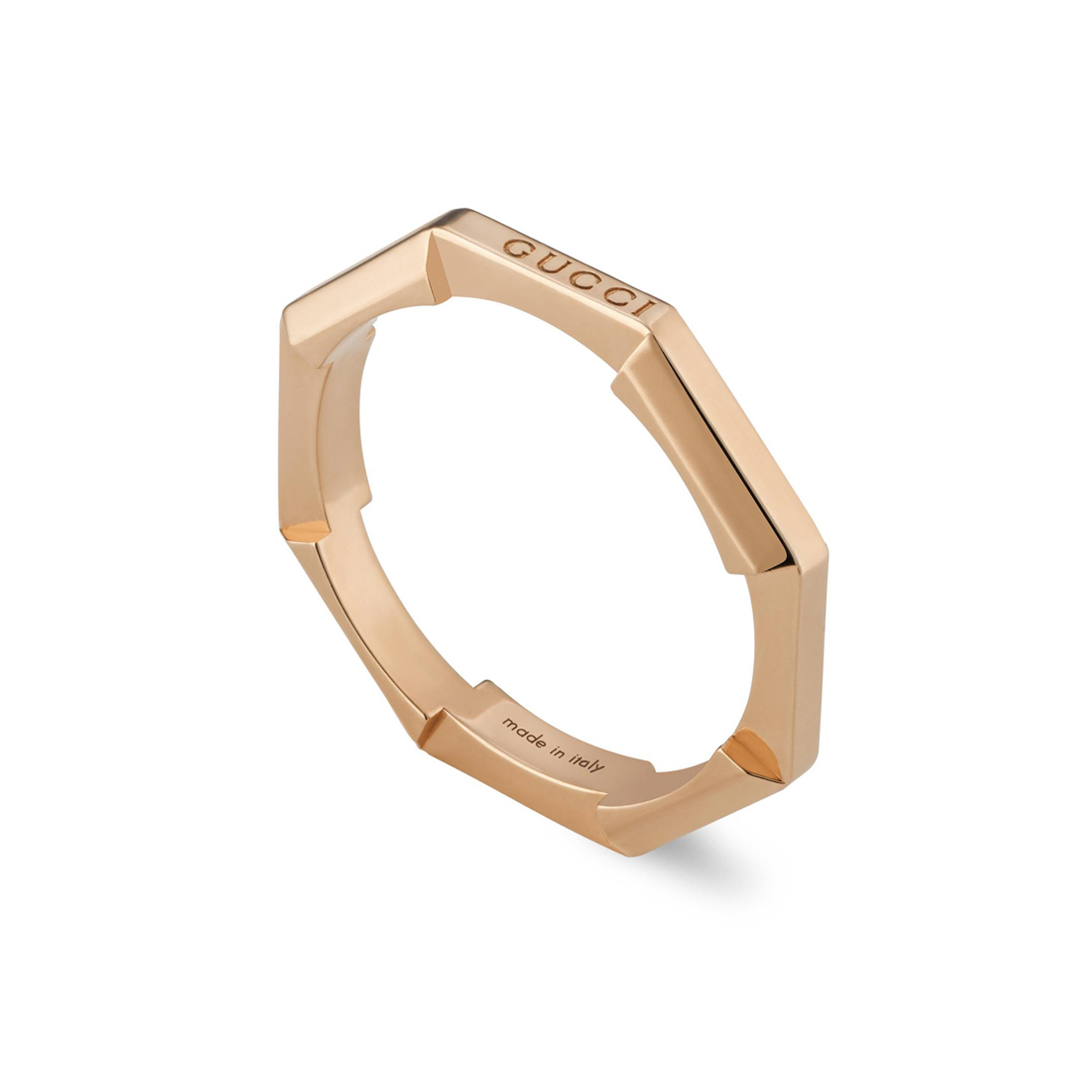 An 18ct rose gold polished mirrored ring with a ‘Gucci’ engraving from the Gucci Link to Love collection.