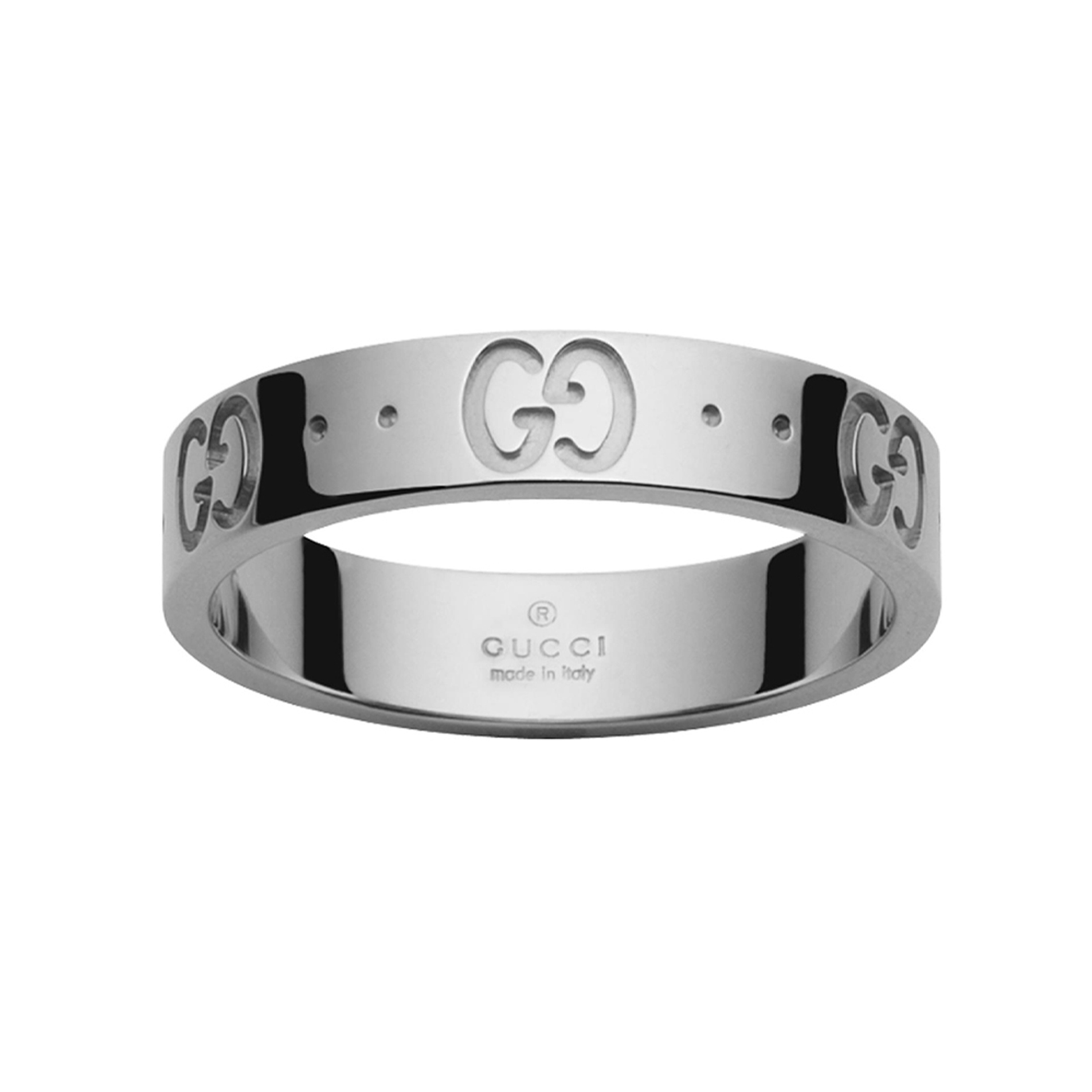 An 18ct white gold thin band featuring the Gucci house monogram from Gucci's Icon collection.