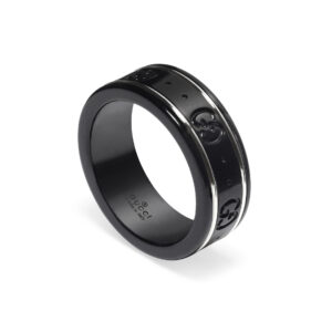 An 18ct white gold and black synthetic corundum thin band featuring the Gucci house monogram, from Gucci's Icon collection.