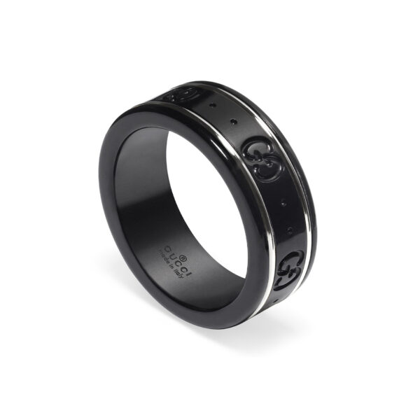 An 18ct white gold and black synthetic corundum thin band featuring the Gucci house monogram, from Gucci's Icon collection.