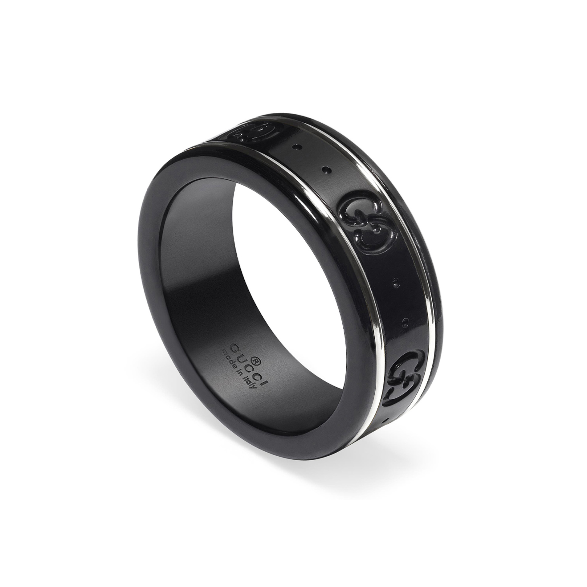 Gucci Icon, 18ct White Gold Black Thin Band An 18ct white gold and black synthetic corundum thin band featuring the Gucci house monogram, from Gucci's Icon collection.