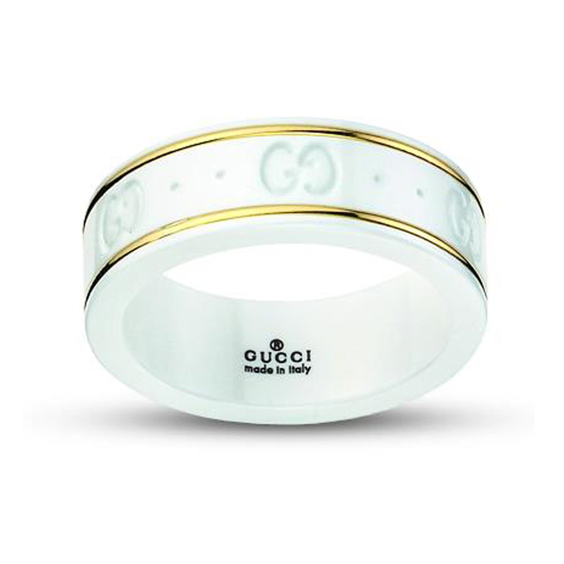 An 18ct yellow gold and white zirconia Icon thin band featuring the Gucci house monogram, from Gucci's Icon collection.