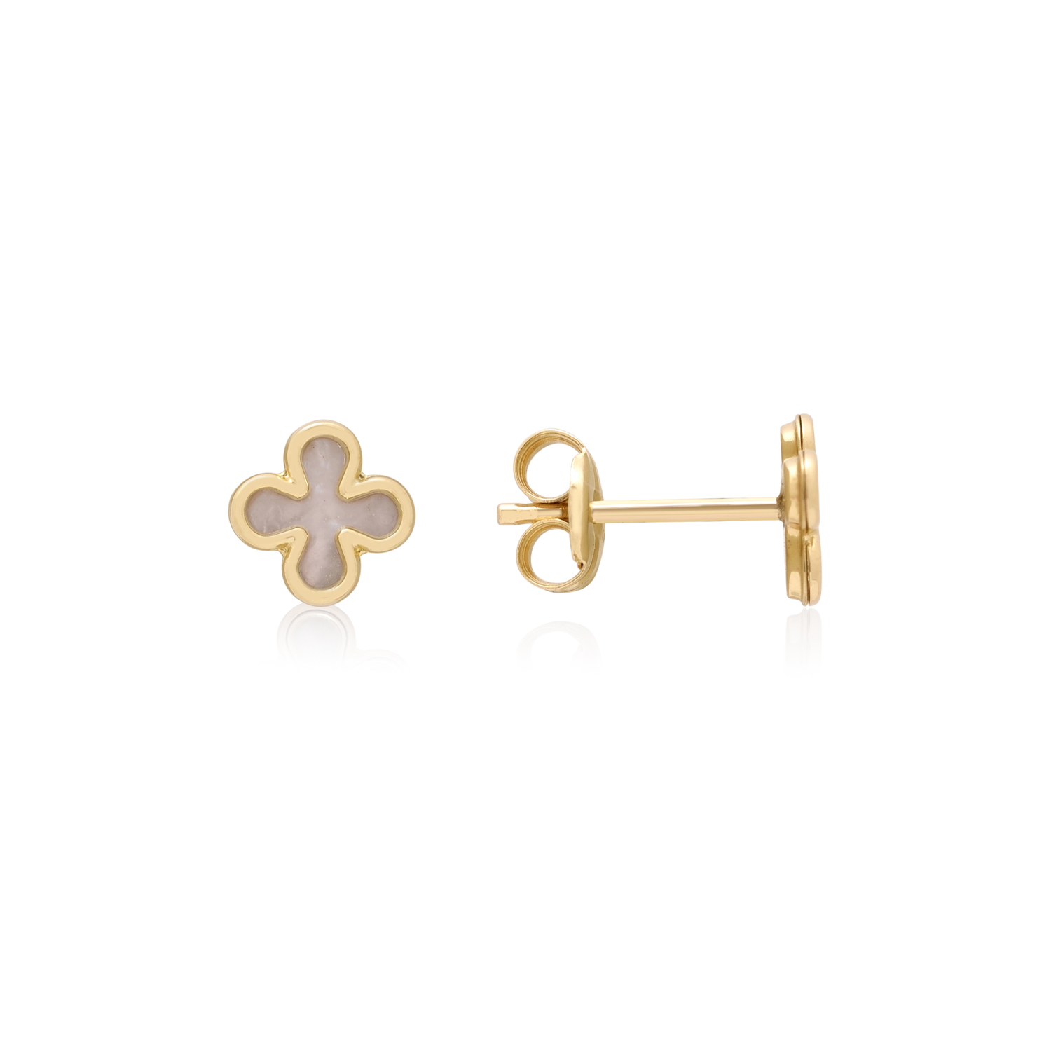 A pair of 9ct yellow gold mother of pearl clover shaped stud earrings, for pierced ears.