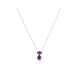A 9ct white gold amethyst cat pendant and chain, featuring an oval and pear shaped amethyst with white gold ears and tail.