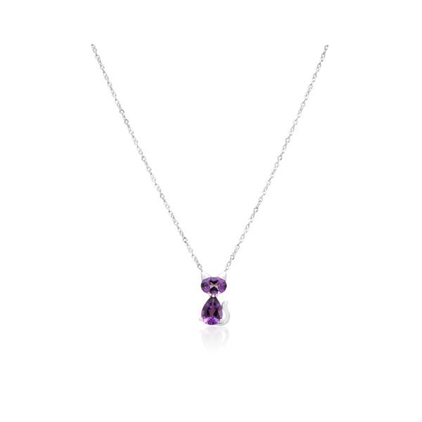 A 9ct white gold amethyst cat pendant and chain, featuring an oval and pear shaped amethyst with white gold ears and tail.