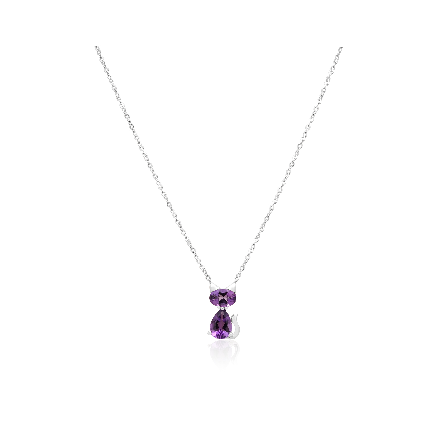 9ct White Gold Amethyst Cat Pendant & Chain
