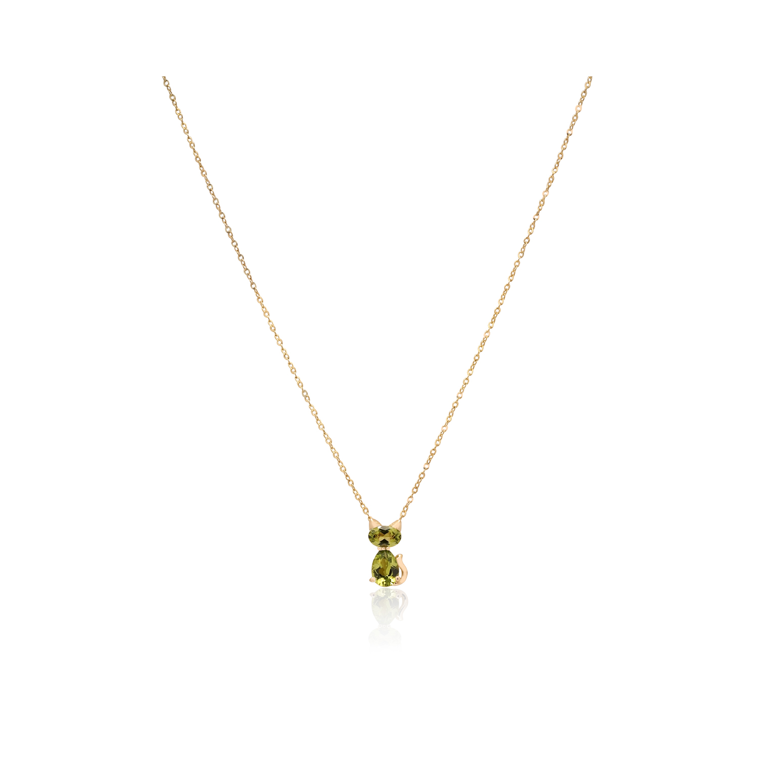 A 9ct yellow gold peridot cat pendant and chain, featuring an oval and pear shaped peridot with yellow gold ears and tail.