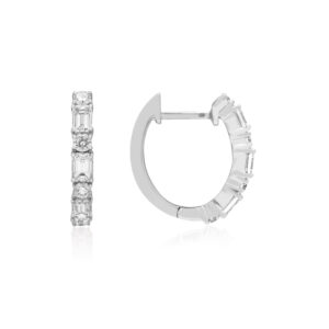 A pair of 18ct white gold emerald and round brilliant cut diamond hoop style earrings, for pierced ears.