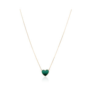A 9ct yellow gold green malachite gemstone heart shaped pendant on a trace chain.