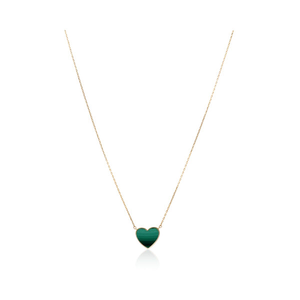 A 9ct yellow gold green malachite gemstone heart shaped pendant on a trace chain.