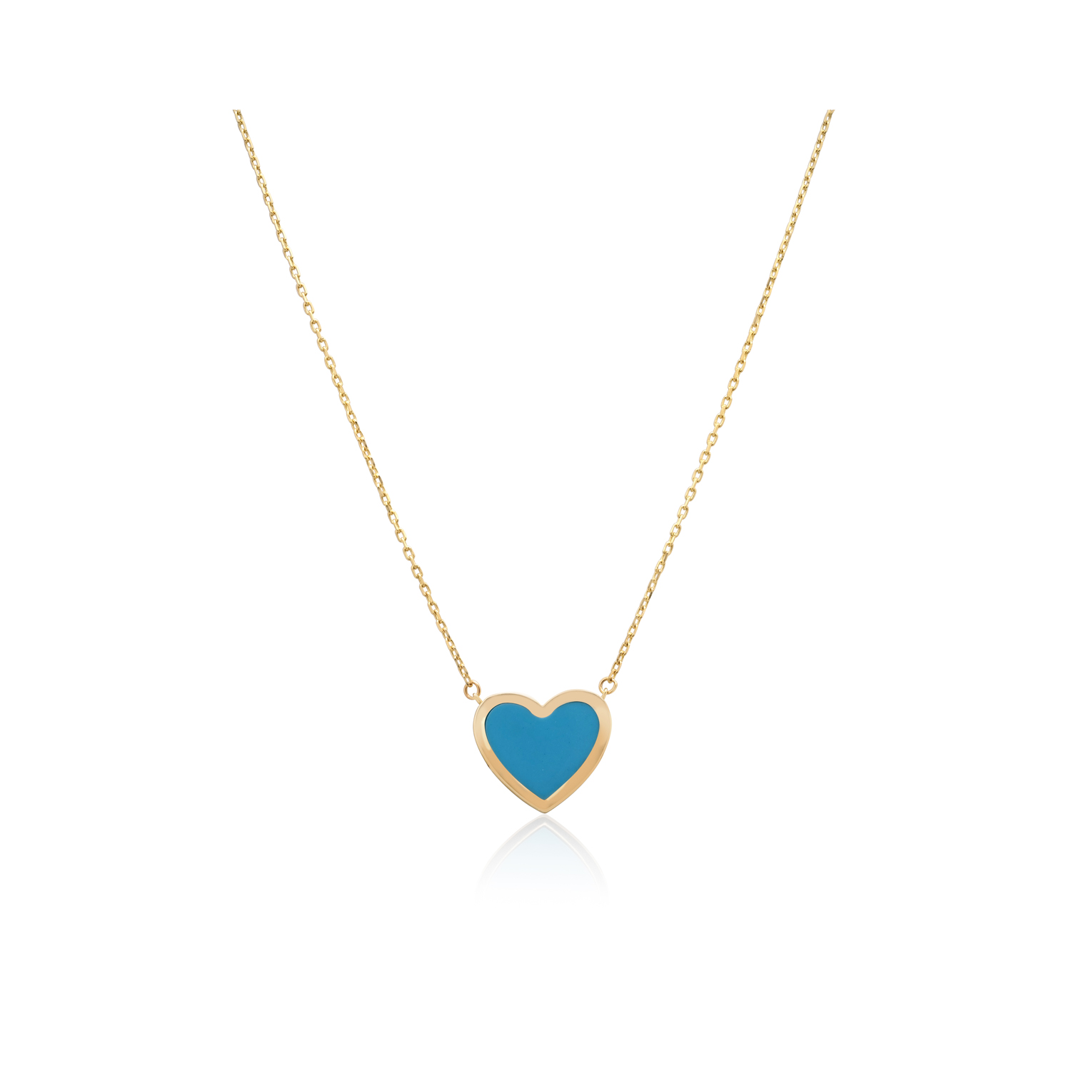 A 9ct yellow gold blue/ green turquoise gemstone heart shaped necklace on a trace chain.