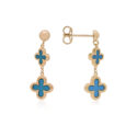 A pair of 9ct yellow gold blue/ green turquoise clover style drop earrings, for pierced ears.