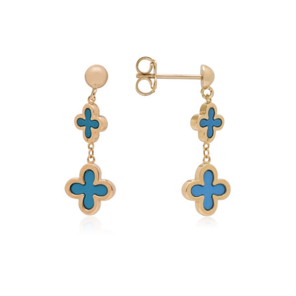 A pair of 9ct yellow gold blue/ green turquoise clover style drop earrings, for pierced ears.