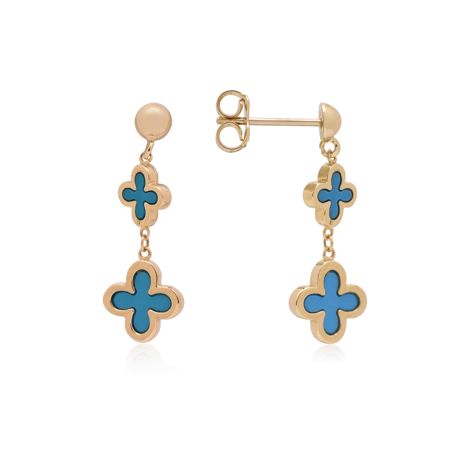 9ct Yellow Gold Turquoise Clover Drop Earrings A pair of 9ct yellow gold blue/ green turquoise clover style drop earrings, for pierced ears.