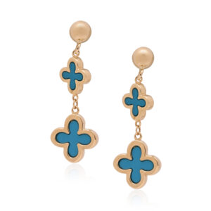 A pair of 9ct yellow gold blue/ green turquoise clover style drop earrings, for pierced ears.