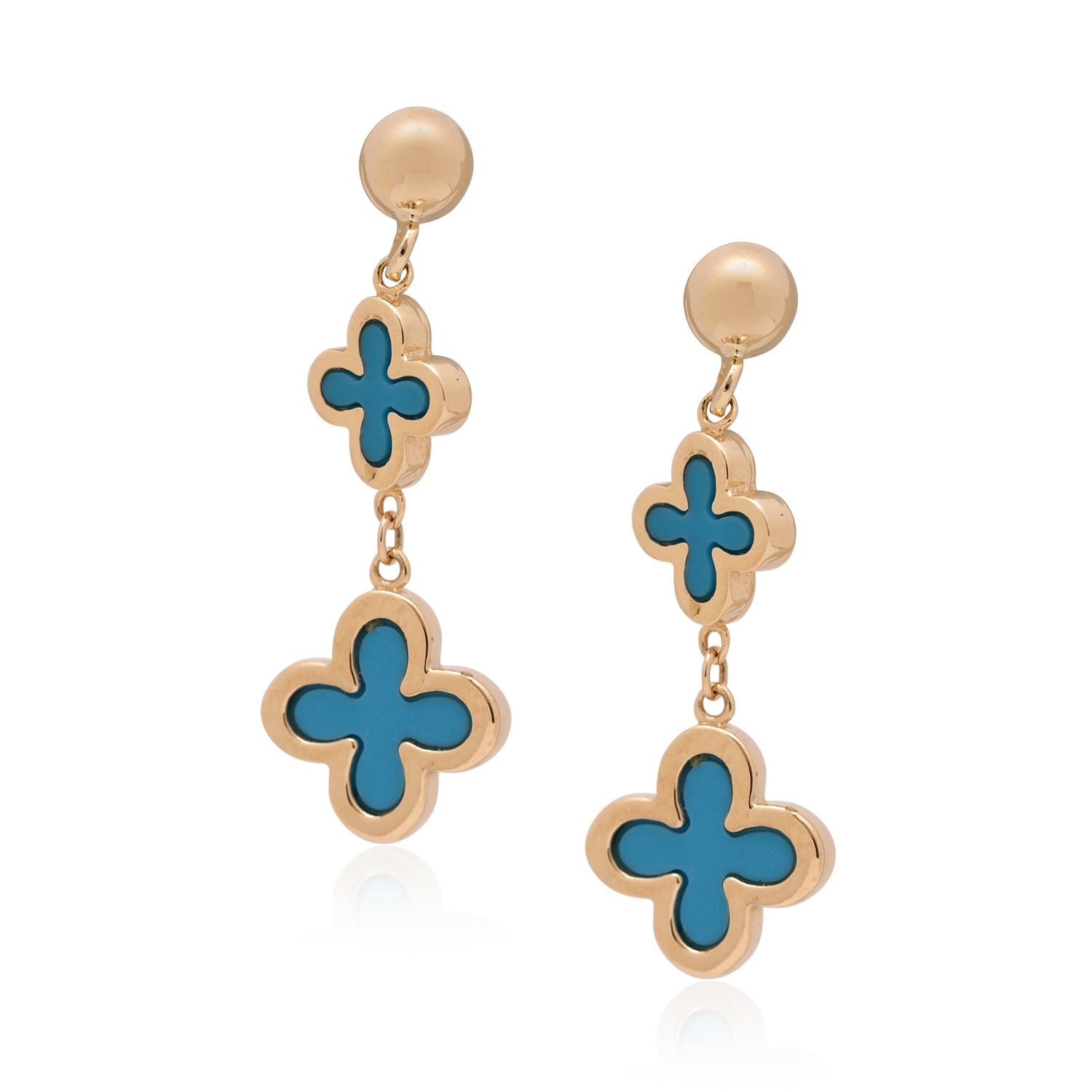 9ct Yellow Gold Turquoise Clover Drop Earrings