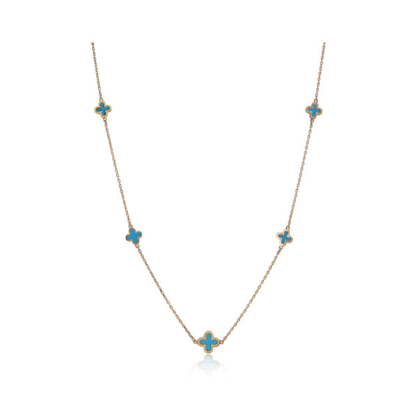A 9ct yellow gold blue/ green turquoise clover necklace on a trace chain.