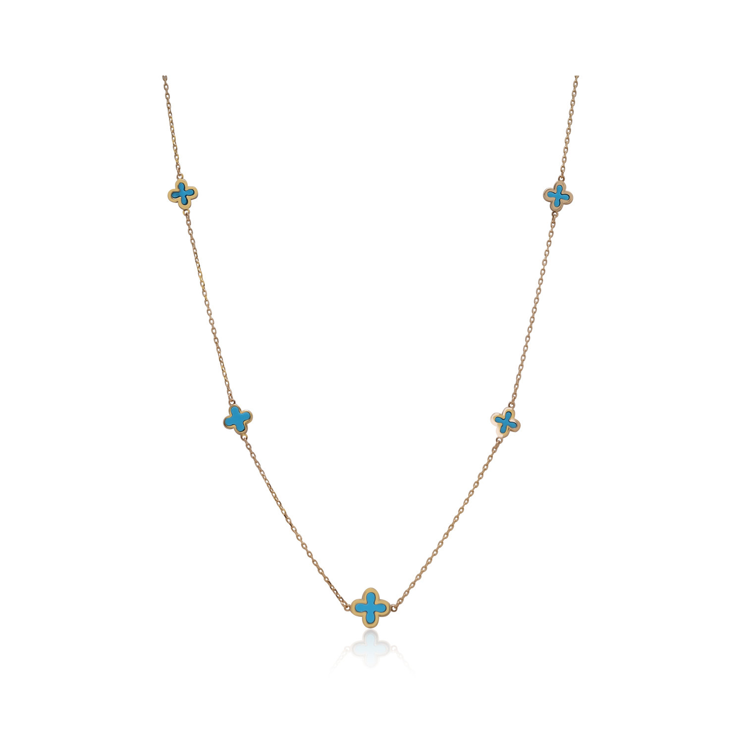 9ct Yellow Gold Turquoise Clover Necklace A 9ct yellow gold blue/ green turquoise clover necklace on a trace chain.