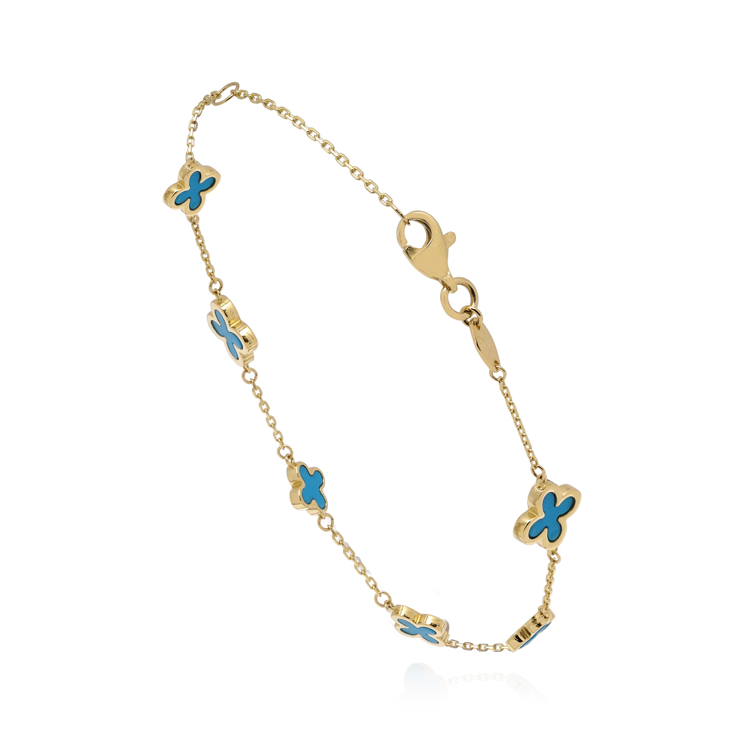 A 9ct yellow gold blue/ green turquoise clover bracelet, on a trace chain.