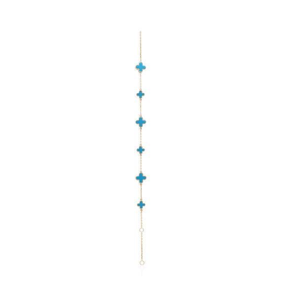 A 9ct yellow gold blue/ green turquoise clover bracelet, on a trace chain.