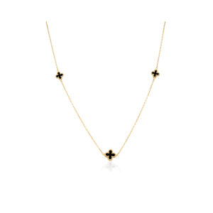 A 9ct yellow gold black onyx clover necklace on a trace chain.