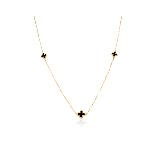 A 9ct yellow gold black onyx clover necklace on a trace chain.