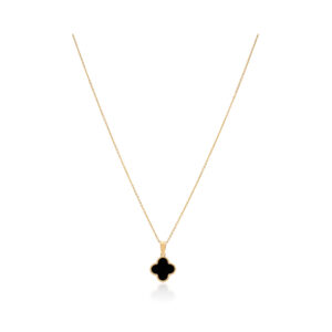 A 9ct yellow gold black onyx clover style pendant on a trace chain.