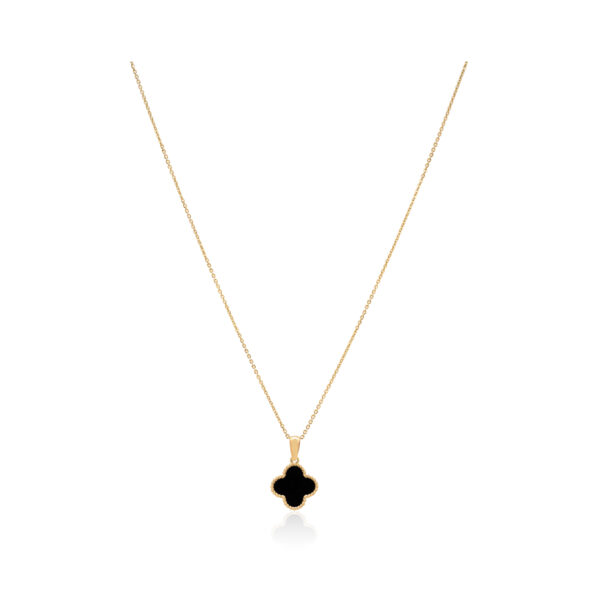 A 9ct yellow gold black onyx clover style pendant on a trace chain.