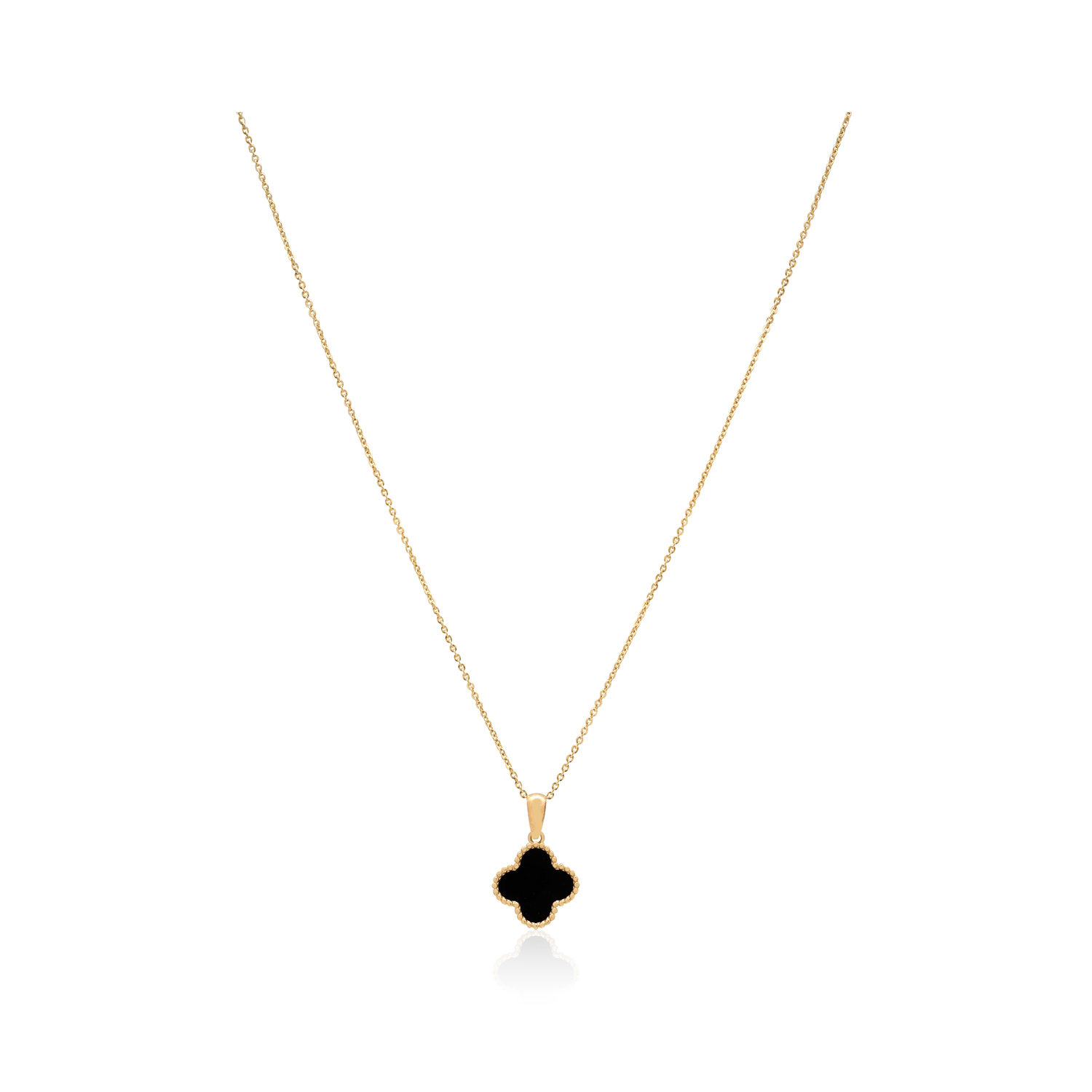 9ct Yellow Gold Onyx Clover Pendant & Chain A 9ct yellow gold black onyx clover style pendant on a trace chain.
