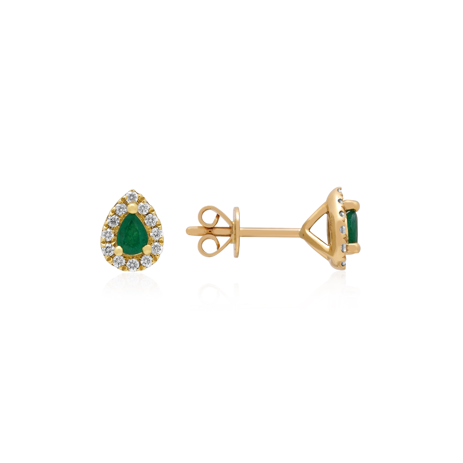 A pair of 18ct yellow gold pear shaped emerald and brilliant cut diamond cluster stud earrings, for pierced ears.
