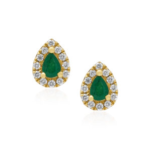 A pair of 18ct yellow gold pear shaped emerald and brilliant cut diamond cluster stud earrings, for pierced ears.