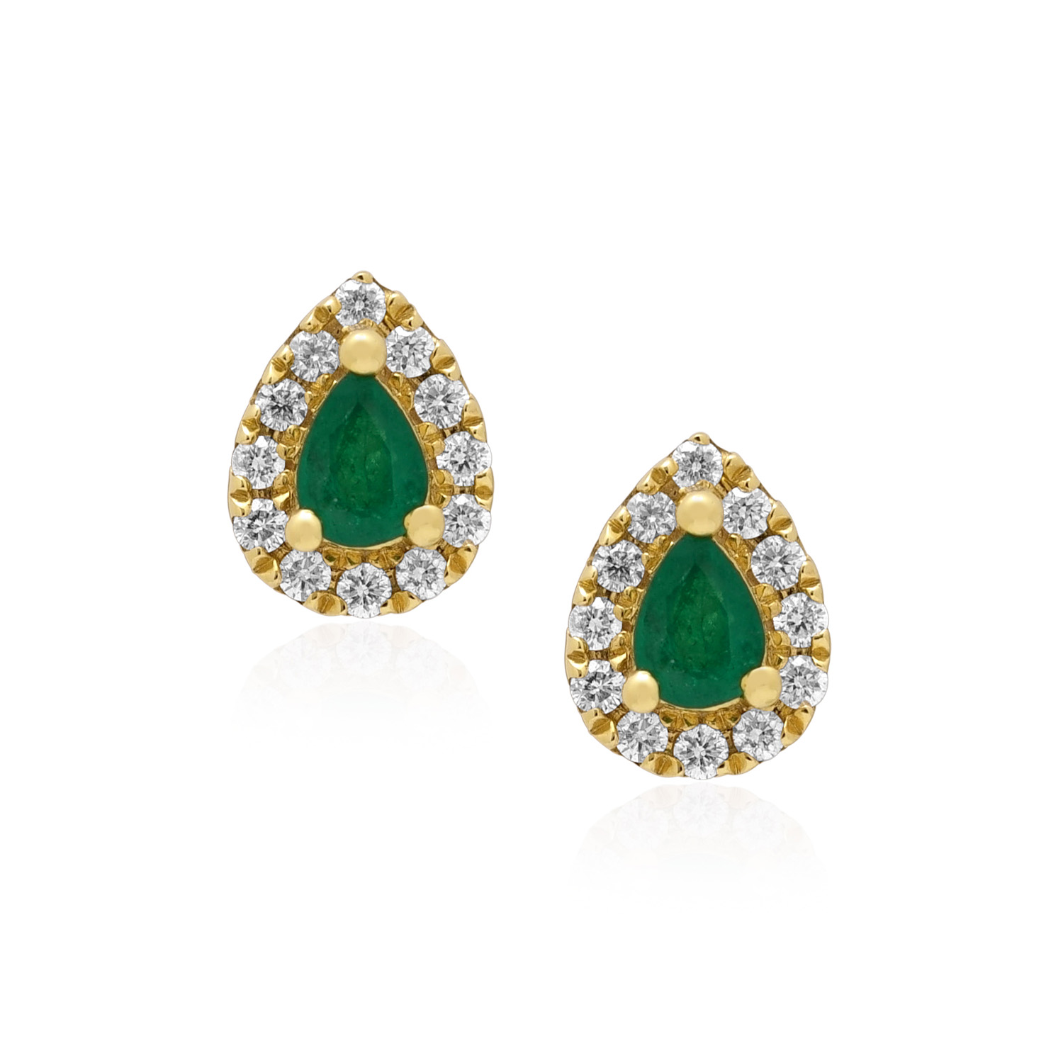 A pair of 18ct yellow gold pear shaped emerald and brilliant cut diamond cluster stud earrings, for pierced ears.