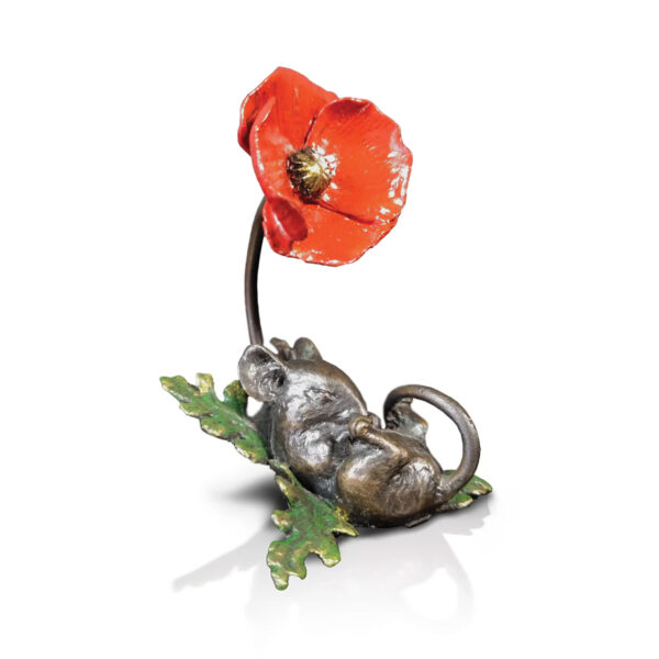 Made from solid foundry bronze, this piece depicts a small mouse asleep with a red poppy.